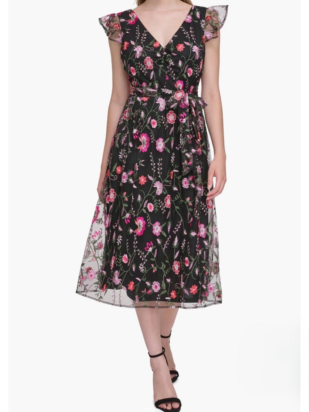 NWT Kensie Embroidered V-Neck Ruffle Sleeve Dress Size 10 in Black